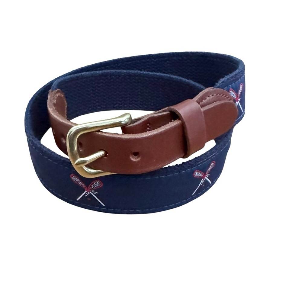 Leather Man Embroidered Lacrosse Belt Brass Buckle Leather Trim Navy Size 30